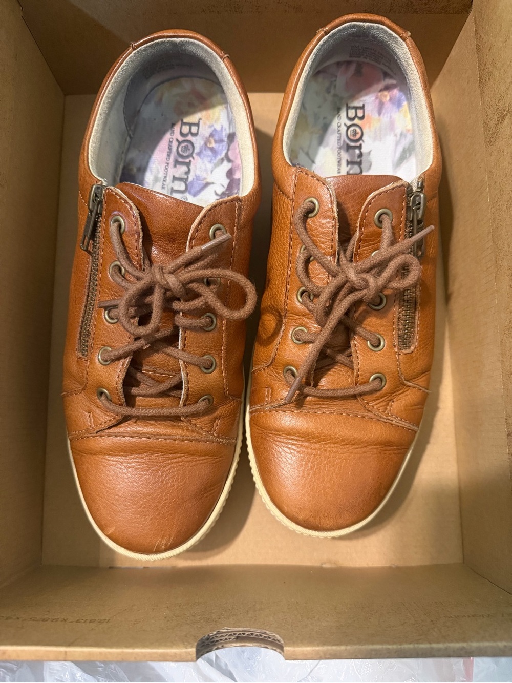 Born Tan Leather Lace-Up Sneakers with Side Zipper